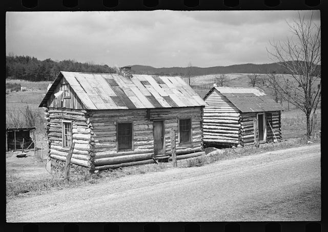Photo:1930s Log Cabin House Rural Road Black and White Photo