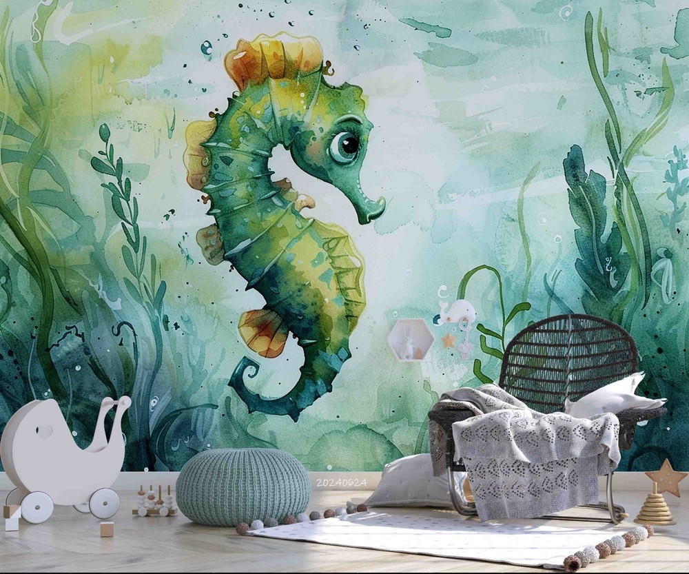 3D Seahorse Coral Watercolor Wall Murals Wallpaper Murals Wall Sticker 2