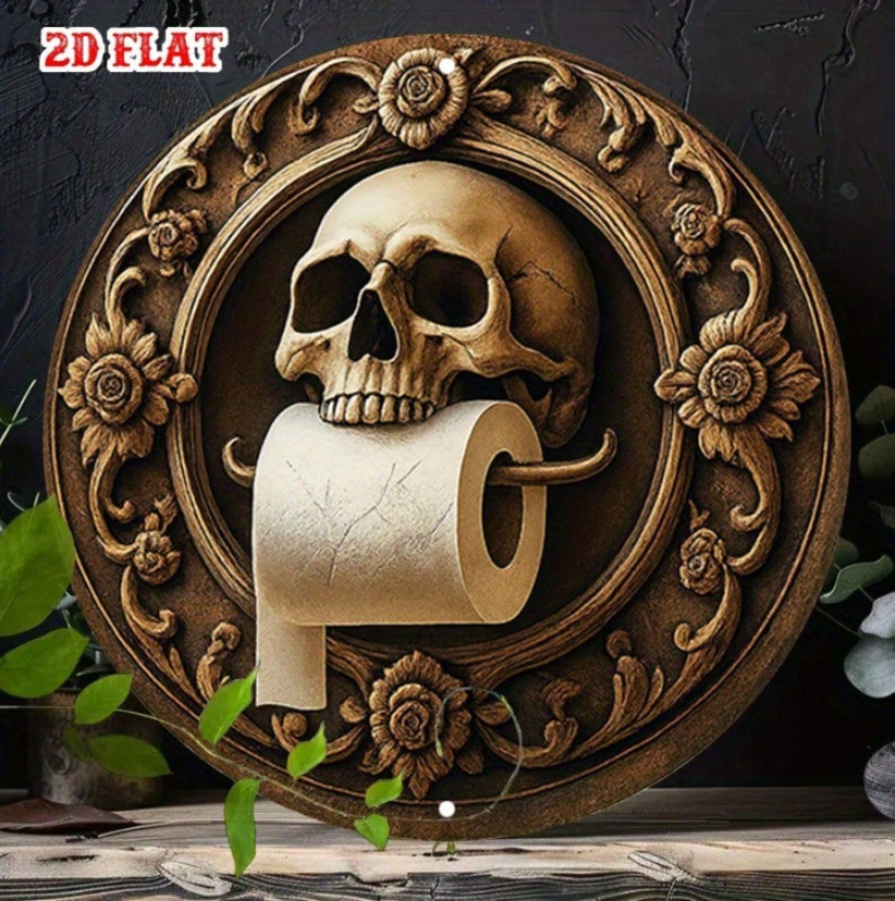 2D Flat Gothic Skull & Floral Aluminum Wall Art - Rustic Round Metal Sign With T