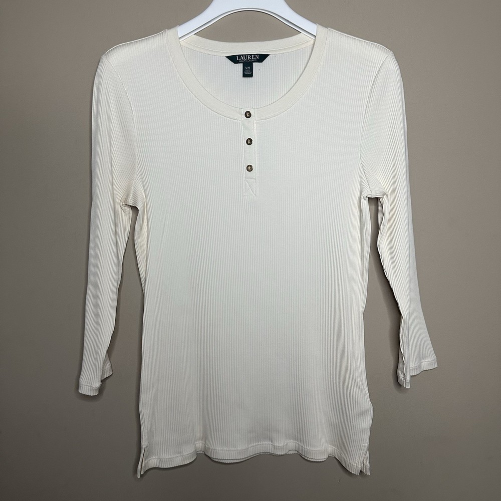 Lauren Ralph Lauren Ivory Ribbed Fitted Henley Top Women L Stretch Slinky 3/4 Sl