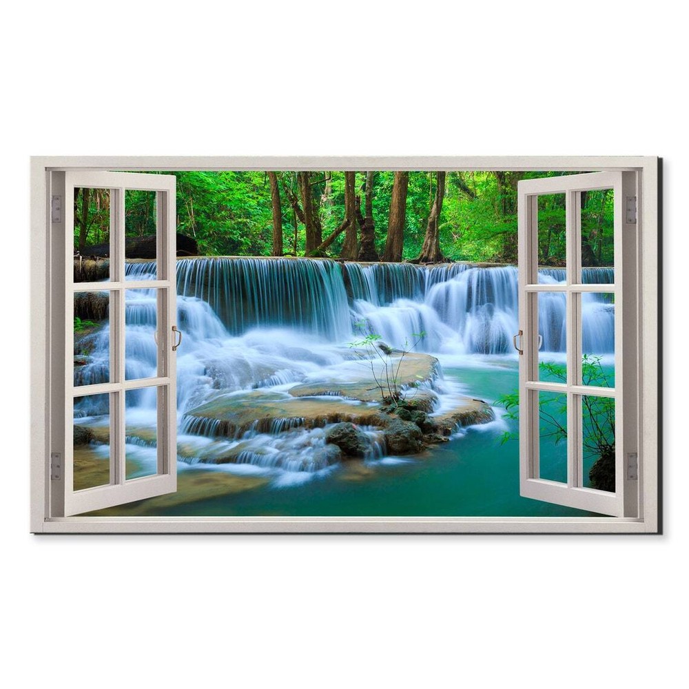 Deep Forest Waterfall In Thailand Window View Wall Art Canvas Unframed Print Art