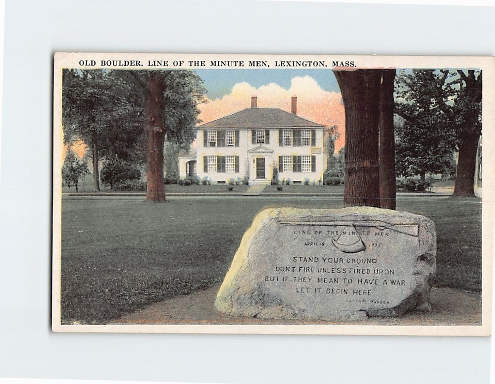 Postcard Old Stone Boulder Line of the Minute Men Lexington Massachusetts USA