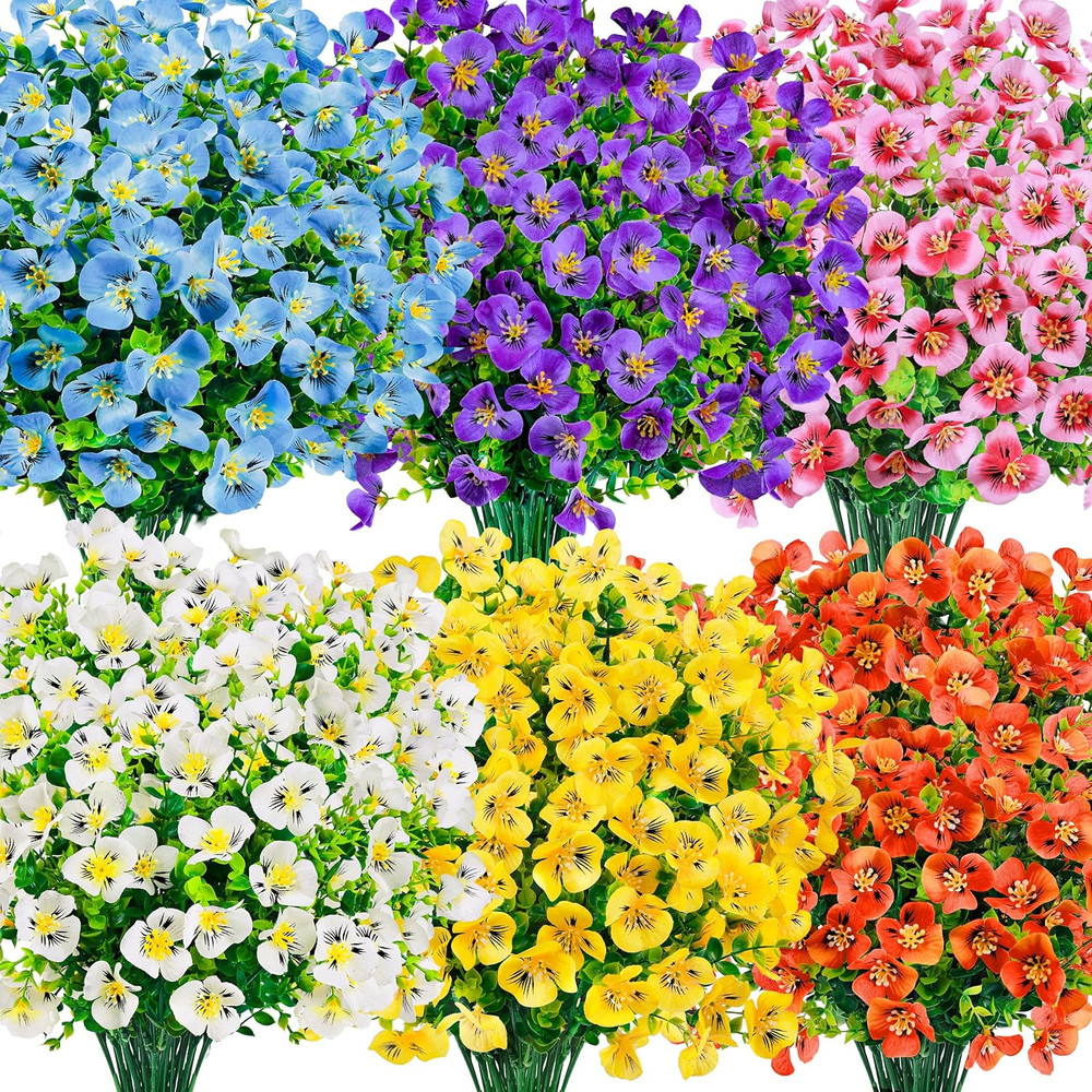 24 Bundles Artificial Pansy Flowers for Outdoors, UV Resistant 6 Assorted Col...