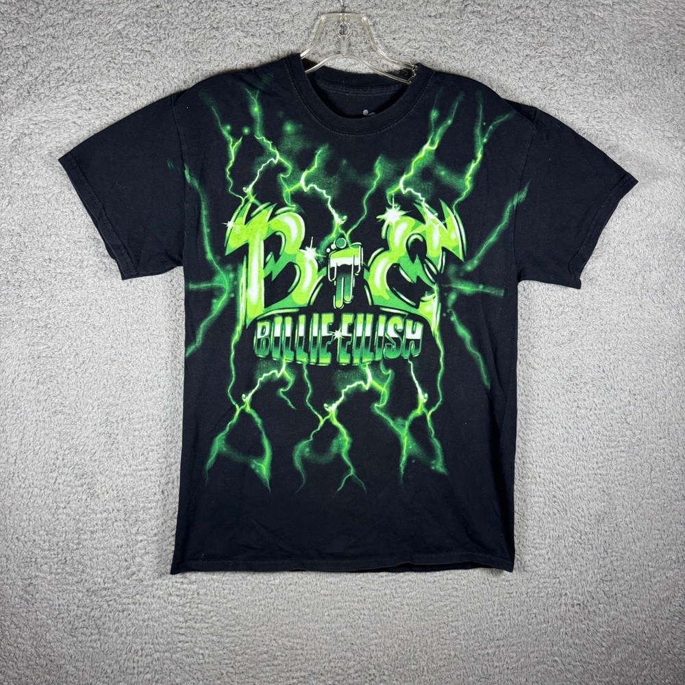 Billie Eilish Mens Black Neon Green Lightning Graphic T-Shirt Size M Y2K