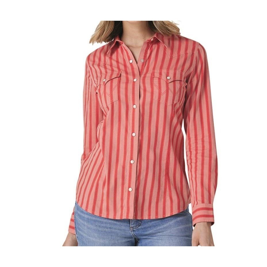 Wrangler Retro Women's Long Sleeve Striped Snap Western Shirt - Red