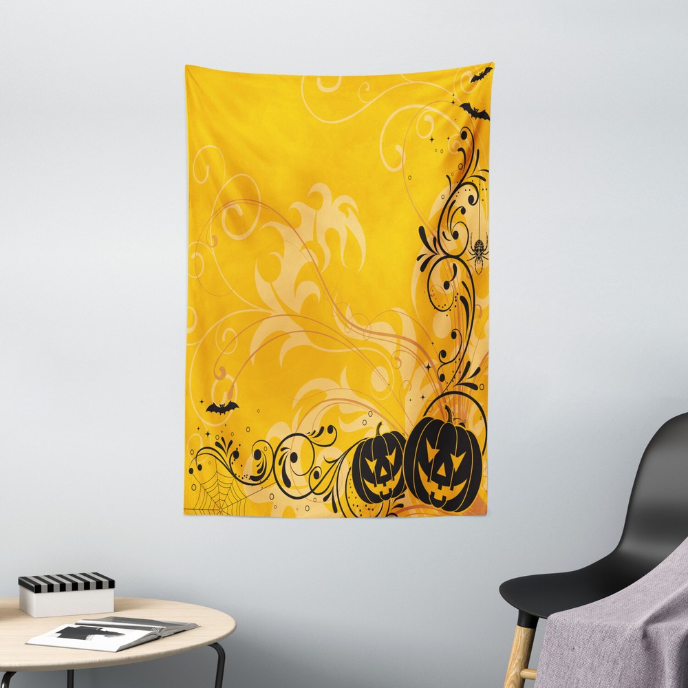 Orange Tapestry Pumpkins Bats Halloween Print Wall Hanging Decor