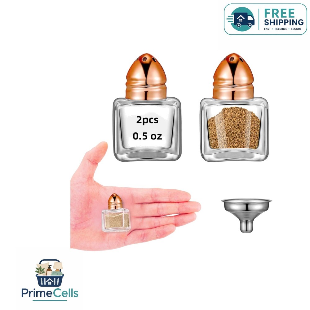 Elegant 2Pc Mini Glass Salt and Pepper Shakers with Rose Gold Tops & Funnel
