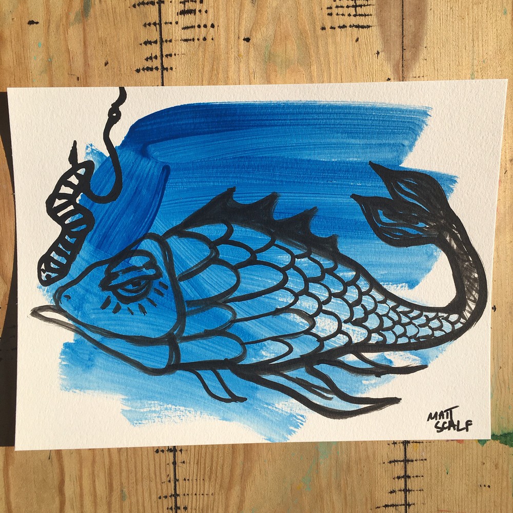 Matt Scalf Fish Abstract Street Pop Art Graffiti ORIGINAL PAINTING 9x12 Fishing-image