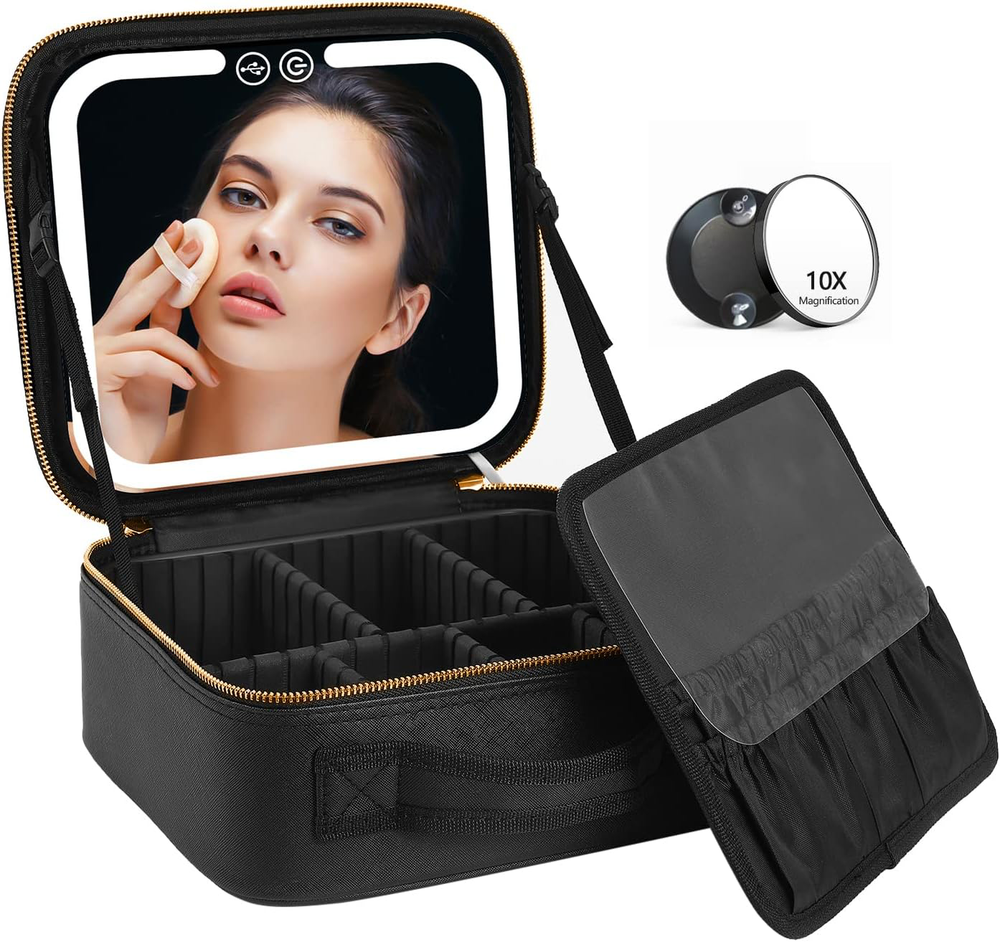 VANMRIOR Travel Makeup Bag with LED Lighted Make up Case with Mirror 3 Color Box