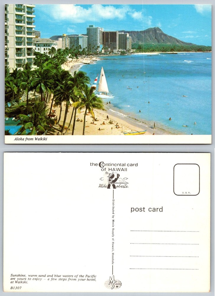 Waikiki Beach Hawaii Postcard Diamond Head Mike Roberts Continental Card