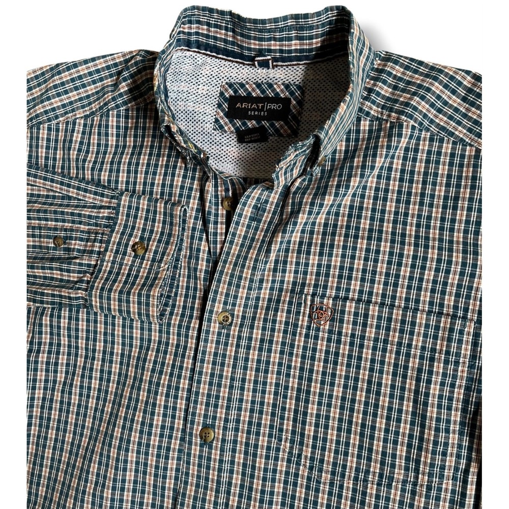 Ariat Pro Series Mens Medium Teal Plaid Long Sleeve Button Down Western Shirt