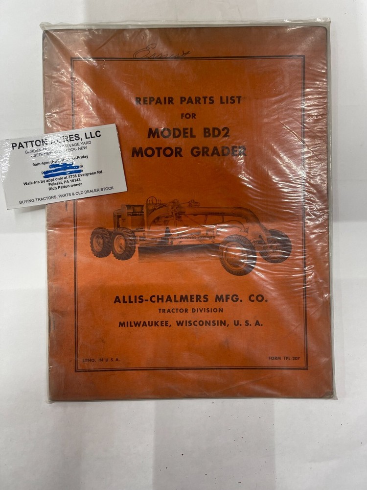 Allis-Chalmers BD2 Motor Grader Repair Parts List Catalog