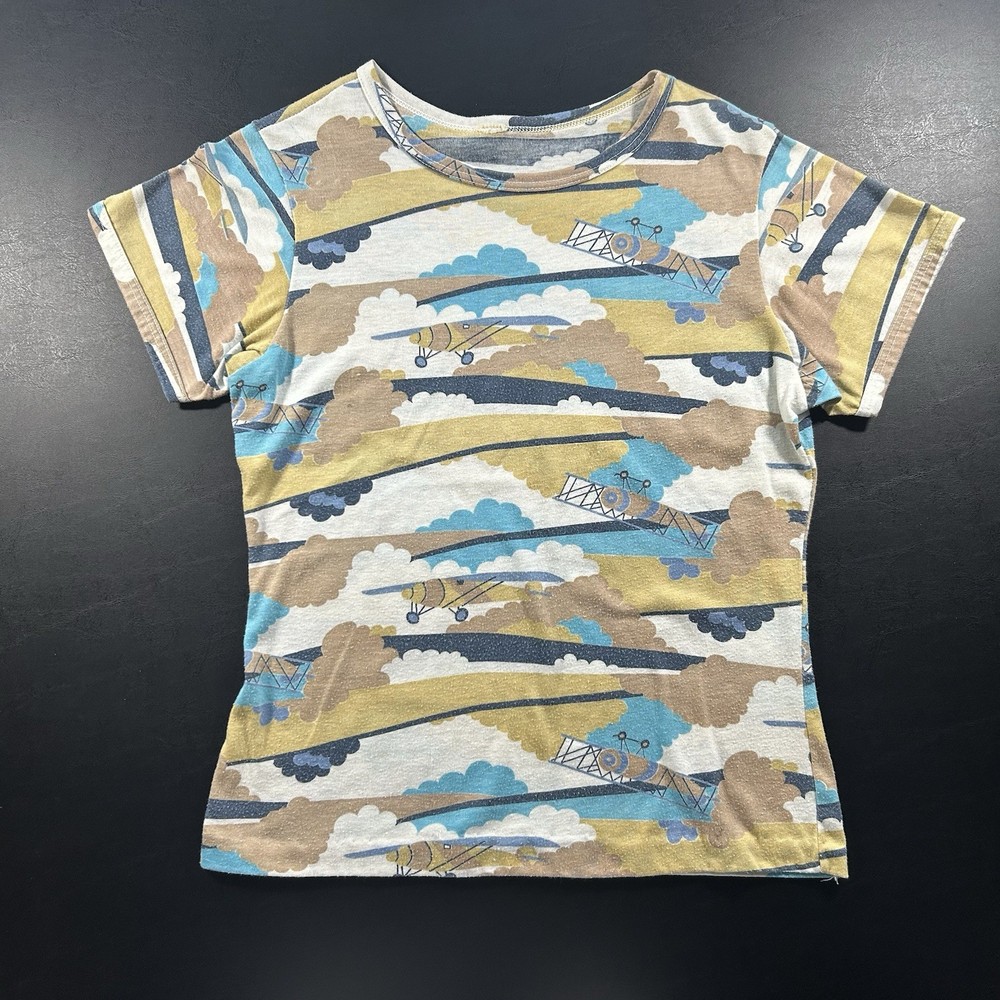 Vintage Women’s All Over Print Airplane In the Sky T-shirt Size Small Pastel