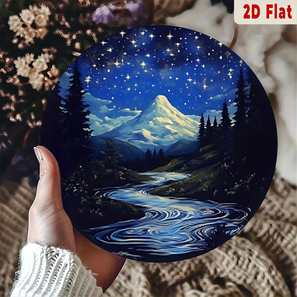 Retro Snow Mountain River Night Scene Round Metal Wall Decoration