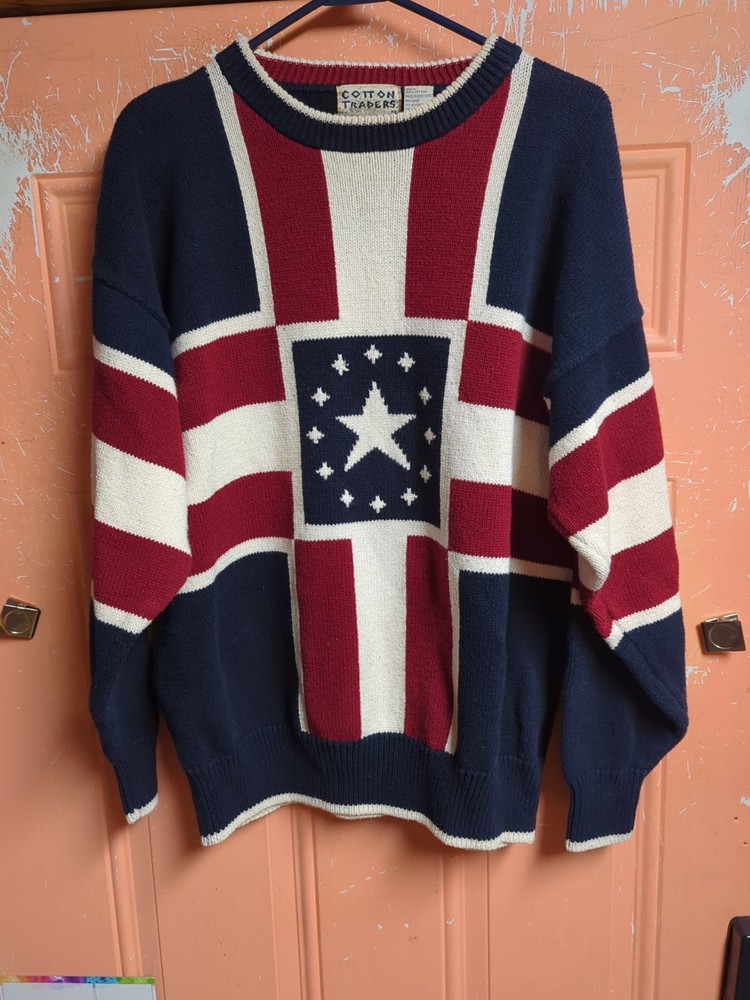 Vintage Cotton Traders Red White Blue Stars Stripes Knit Sweater Mens Size Large