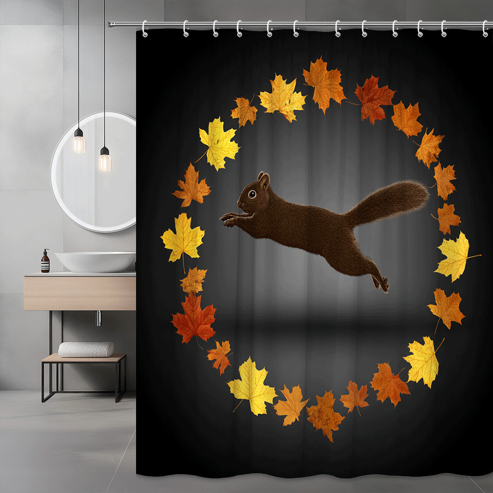 Fall Squirrel Shower Curtain Autumn Leaves Graphic
