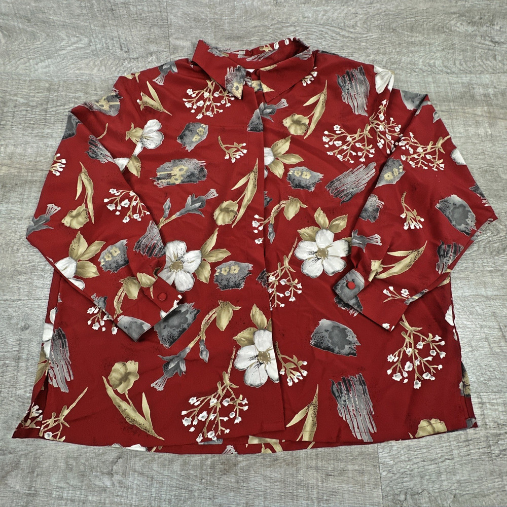 Alfred Dunner Women’s Plus 24W Red Floral Button Up Blouse 3/4 Sleeve Collared