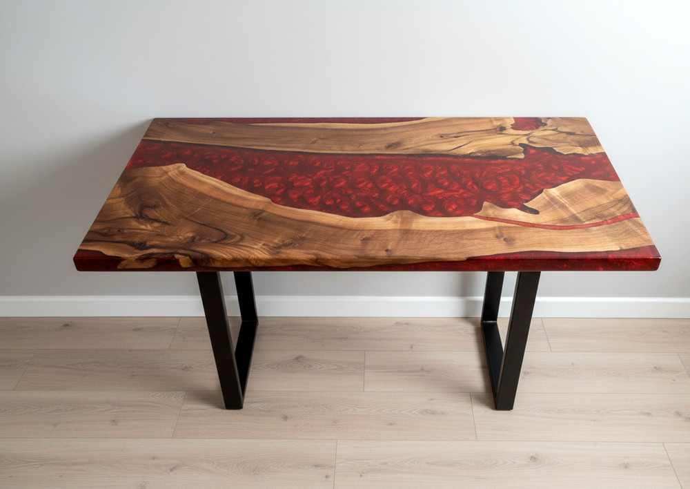 Red Epoxy Resin River Console Table Top – Live Edge Walnut Wood Slab Handmade