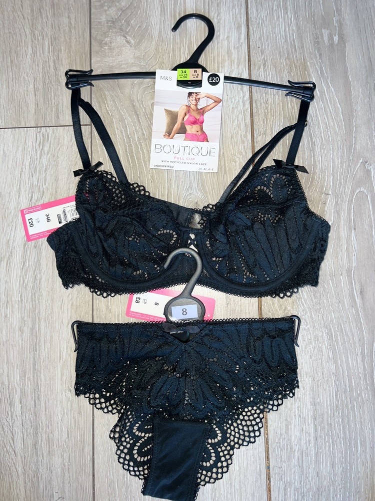 M&S Boutique Nova Underwired Non-Padded Full Cup Bra Black 34B with Knickers Size 8  