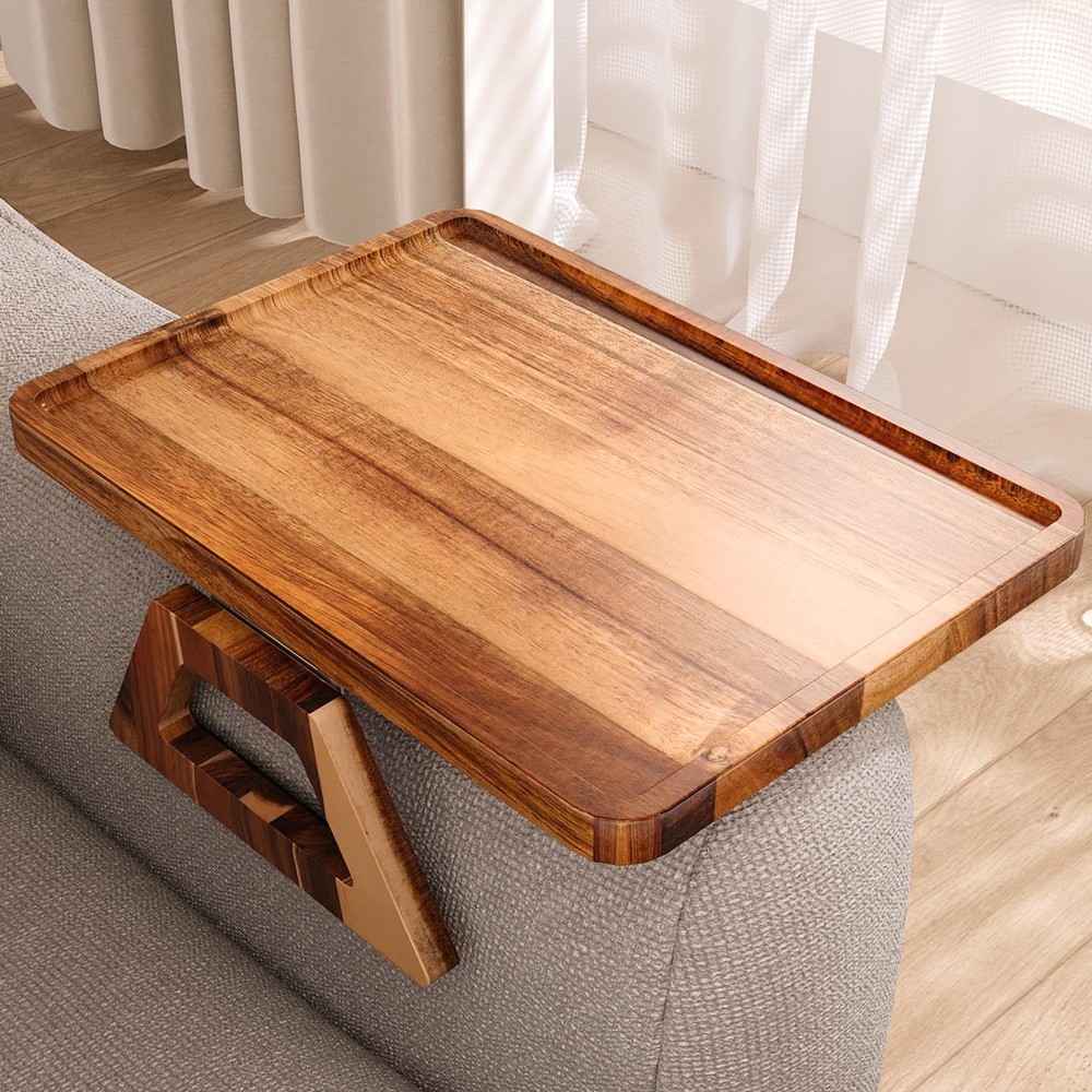 Acacia Wood Folding Clip-On Couch Arm Tray Sofa Armrest Table  -image
