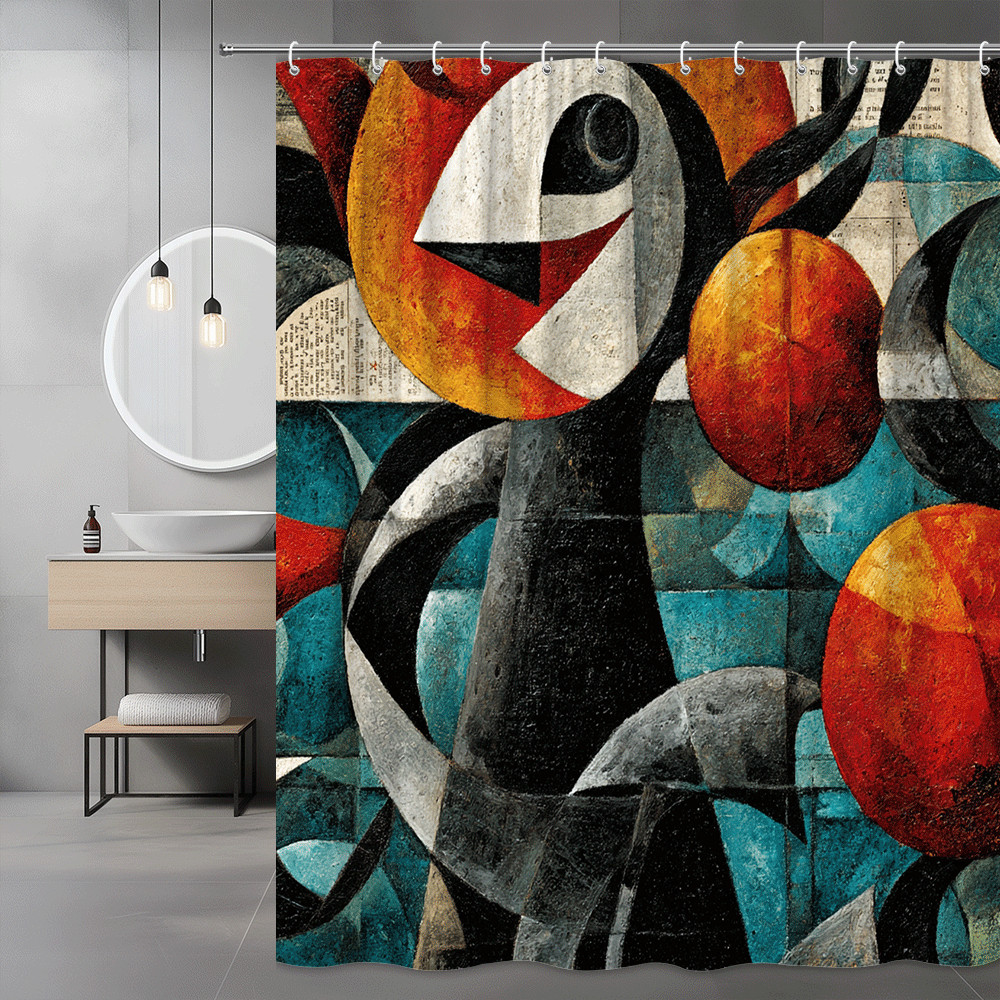 Abstract Geometric Shower Curtain Black White Red Blue Art