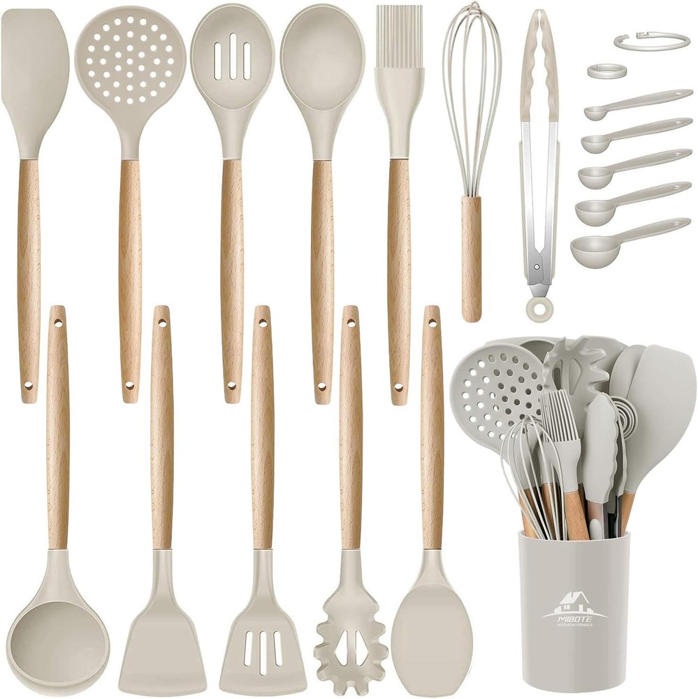 MIBOTE Silicone Cooking Kitchen Utensils Set with Holder, Wooden Handles BPA ...