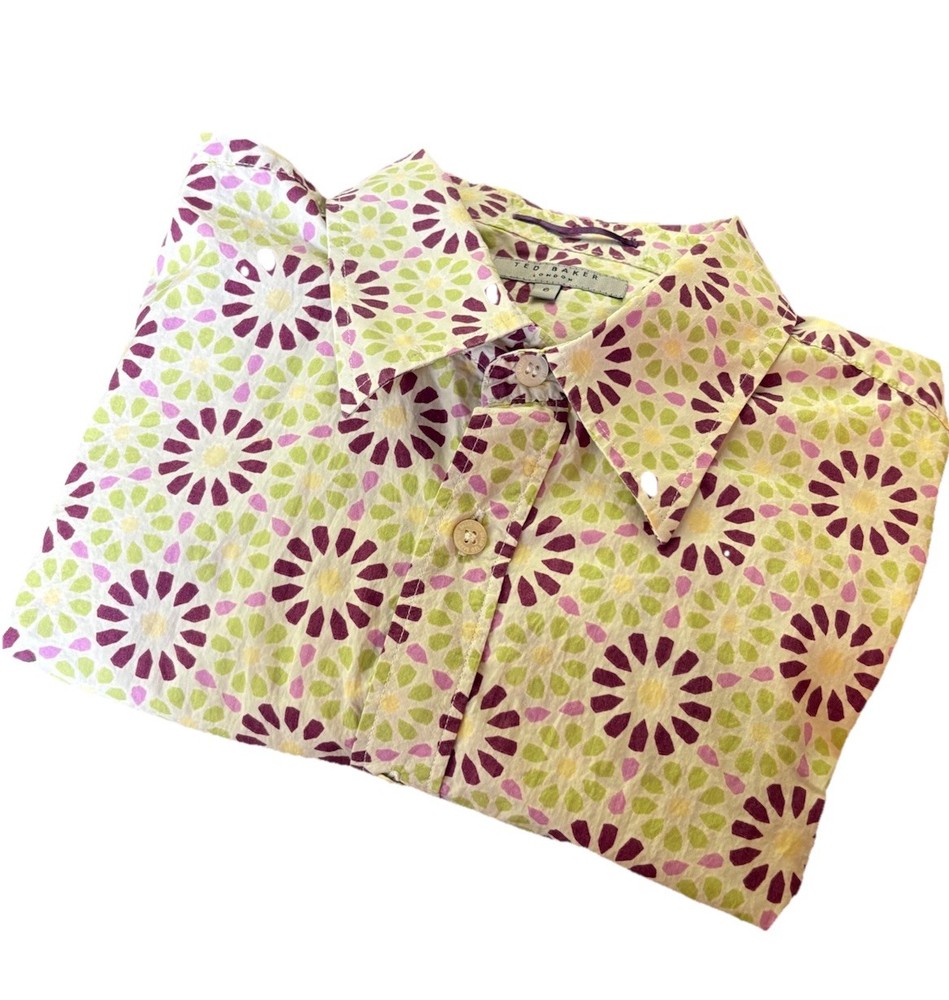 TED BAKER Womens Top Blouse Size 6 (US) FLORAL SHIRT pattern Button down Lime