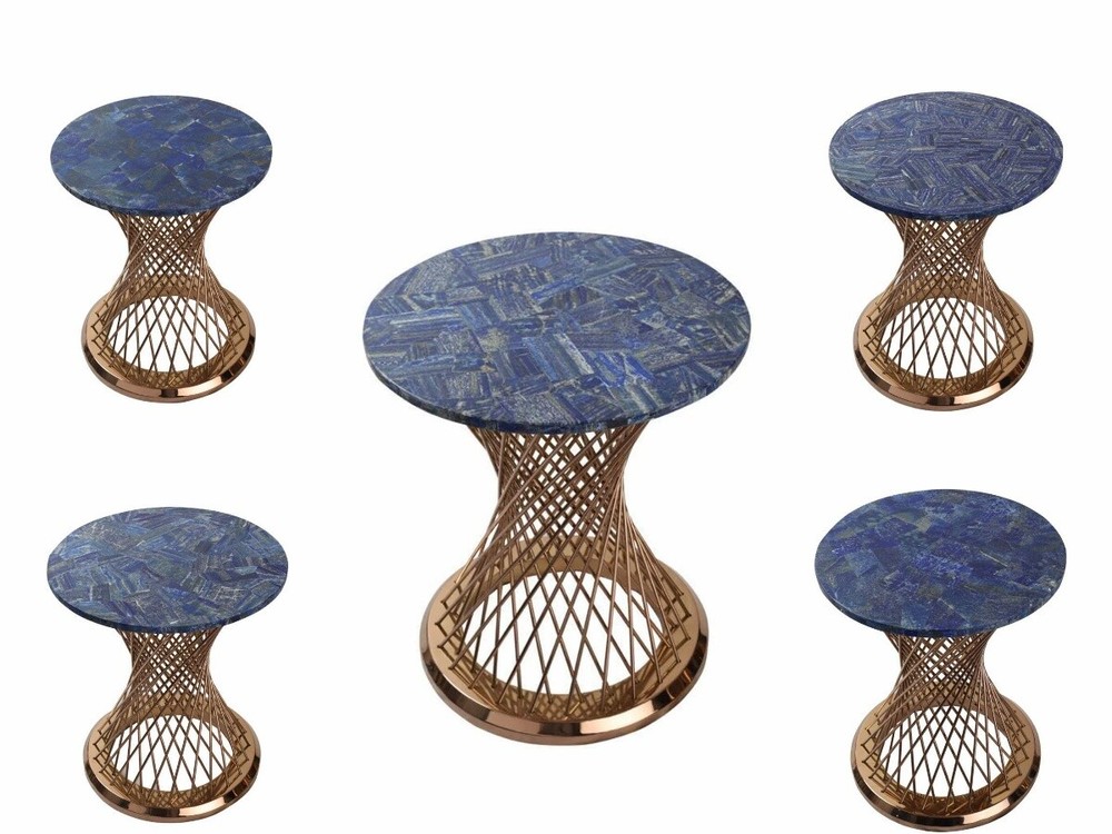 Blue Marble Round Coffee Center Table Top Lapis Lazuli Random Inlay Stone Table