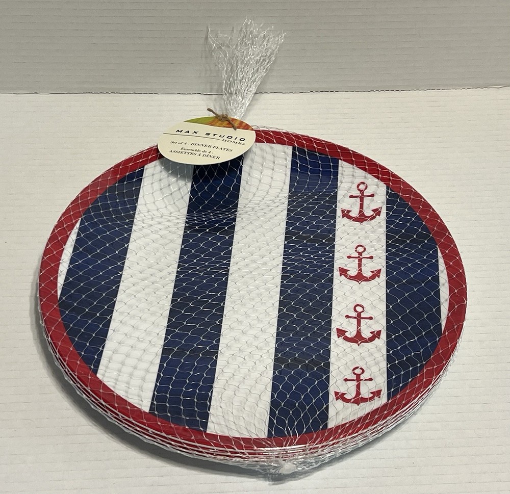 Max Studio Melamine Dinner Plates Set-4 Red White Blue Anchor Nautical 11.5” New