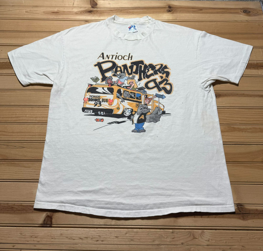 Vintage 1993 Antioch Panthers Senior School Bus Graduation Souvenir Shirt - XL