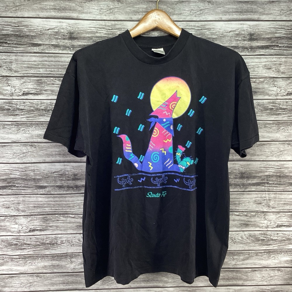 Vintage Santa Fe Shirt Men XL Black New Mexico Tourist Graphic Tee USA 80s