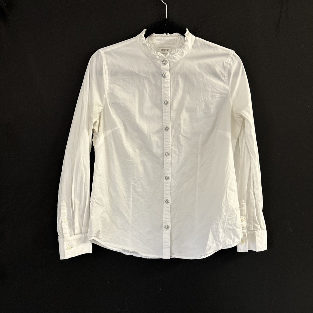 J.CREW Women's Medium Shirt White Button-Up Lightweight Top Ruffle Collar