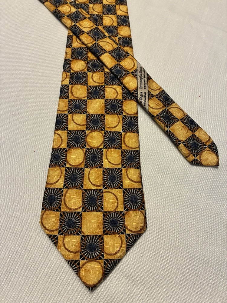 Ermenegildo Zegna 100% Silk Gold Black BrownGeometric Men's Tie Classic Designer