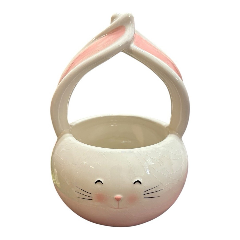 Ceramic White Easter Bunny Rabbit Basket Bowl Dish  (HH41)