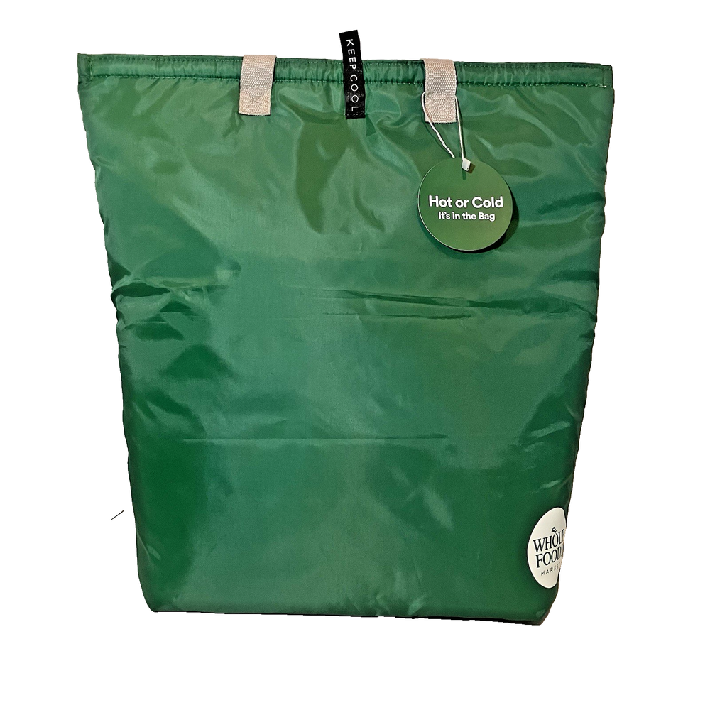 NWT WHOLE FOODS Lg Green Reusable Insulated Hot or Cold Shopping Bag Zipper Top
