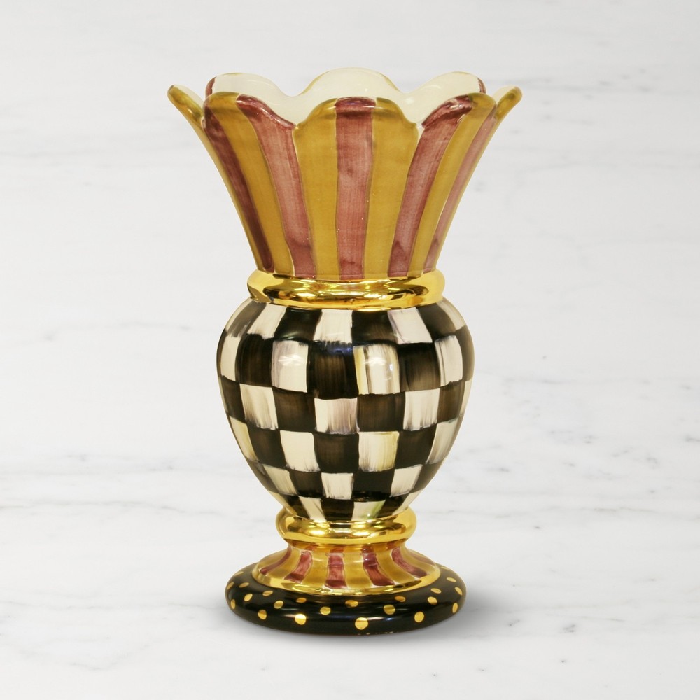 Mackenzie Childs Courtly Check Great Vase Ceramic Gold Mix