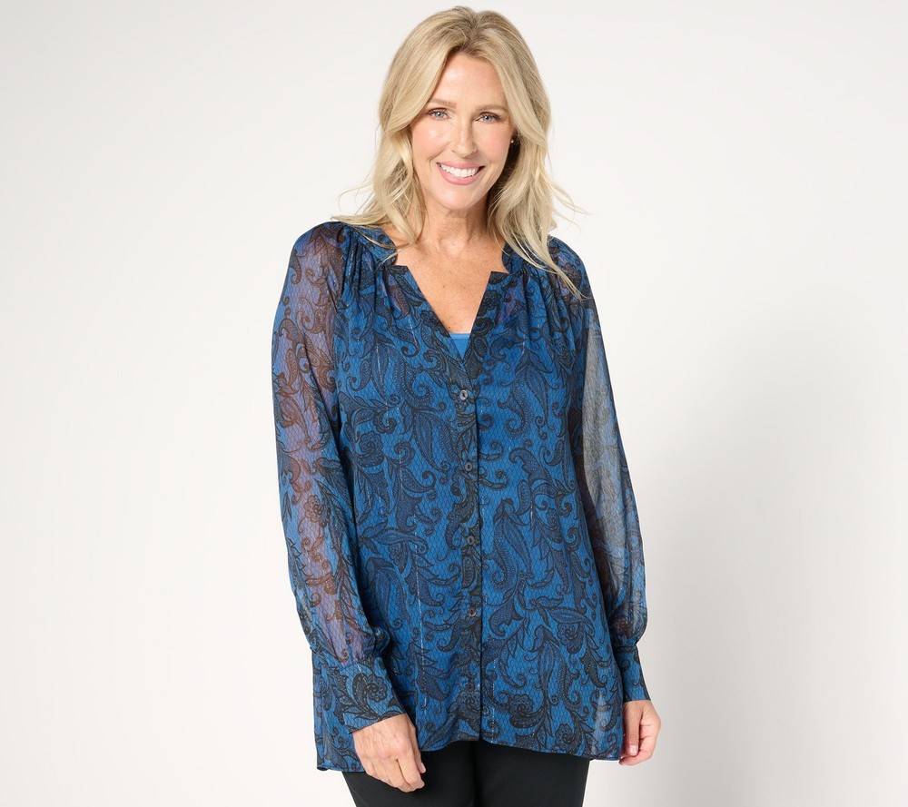 Susan Graver Women's Top Petite 3XP Printed Woven Blouse Lurex & Blue A667489