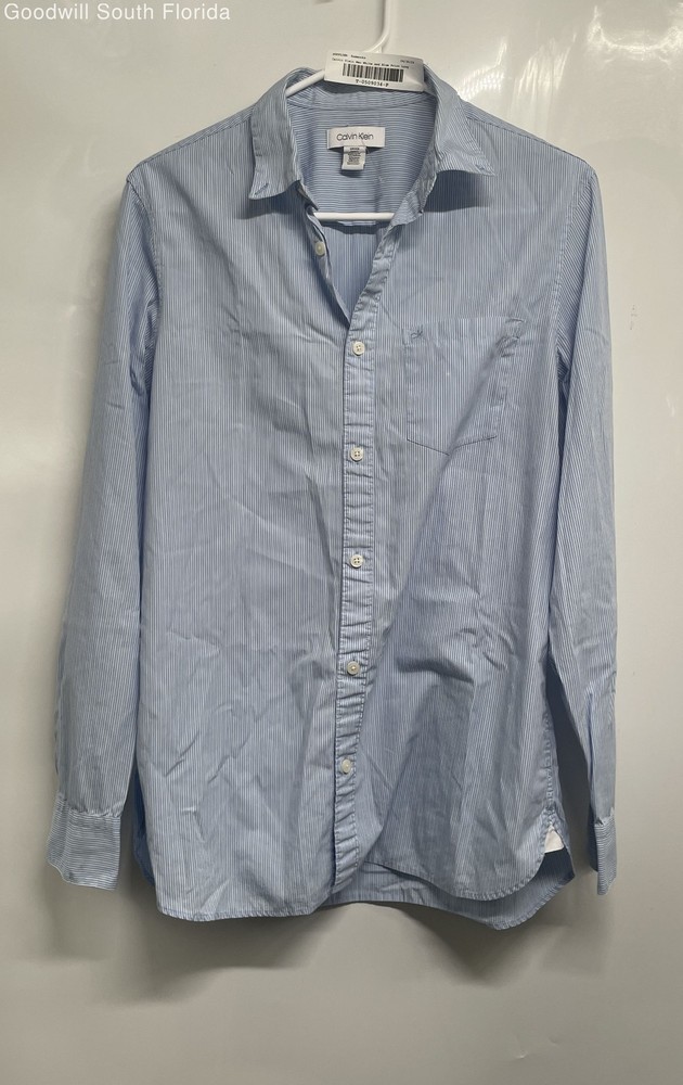 Calvin Klein Mens White & Blue Striped Print Long Sleeve Button-Up Shirt Size S