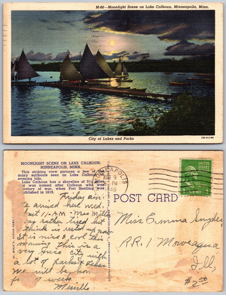 Lake Calhoun Moonlight Sailing Minneapolis MN Postcard
