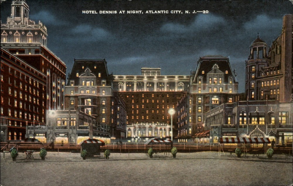 Hotel Dennis night view Atlantic City New Jersey ~ 1940s vintage postcard