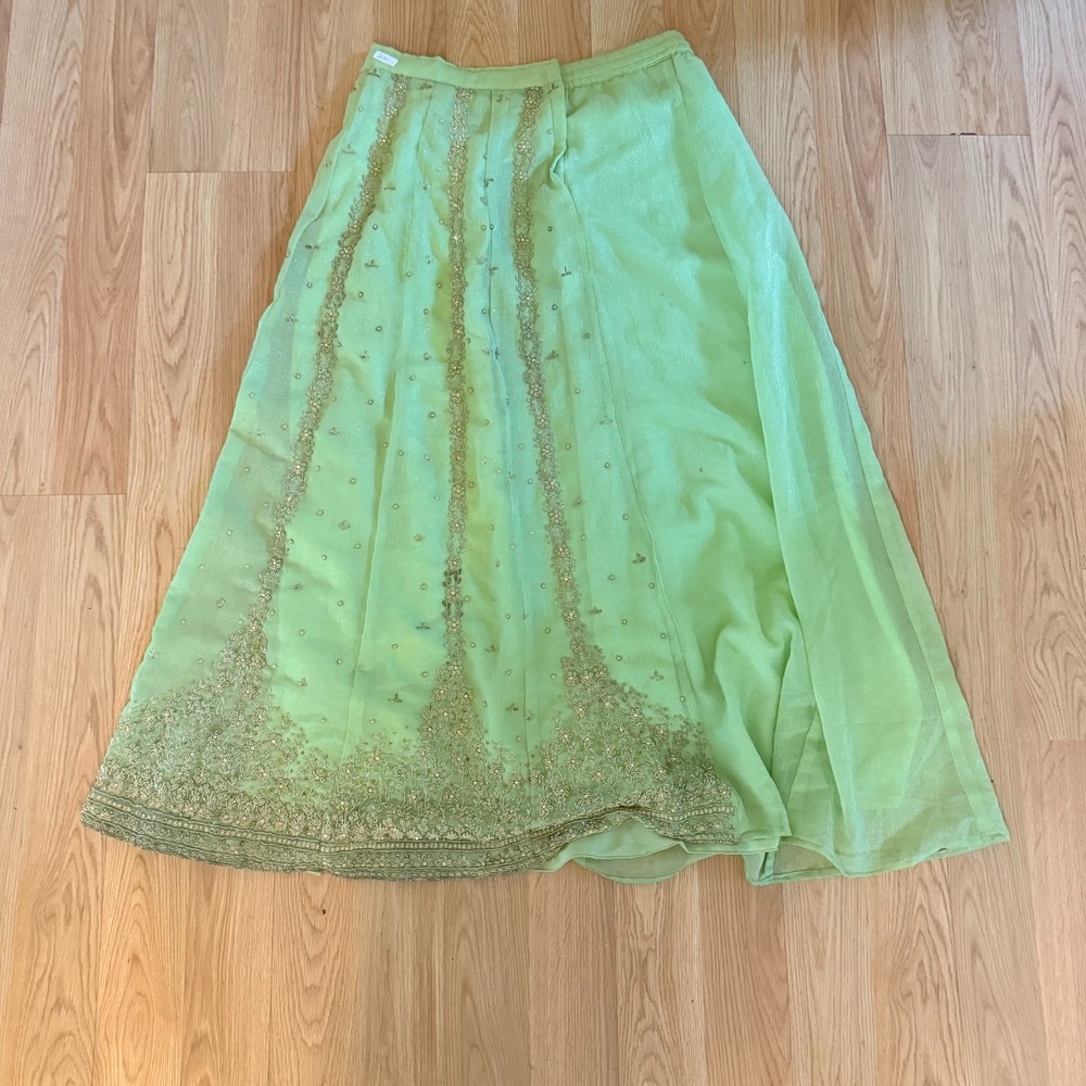 Women’s Green Embellished Maxi Skirt Gold Detail Formal Traditional