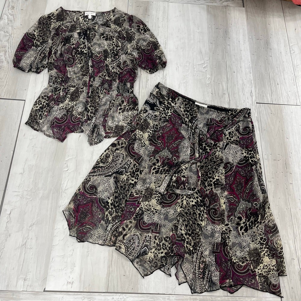 Fashion Bug Vintage 2 Piece Flowy Shirt Skirt Set Fairy Paisley Animal Print