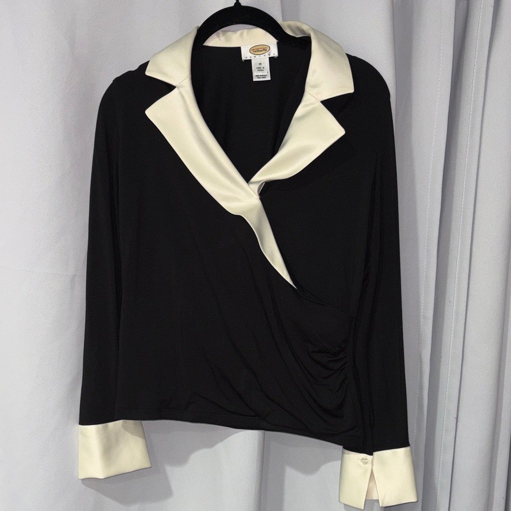 Talbots Elegant Black Blouse with Cream Trim