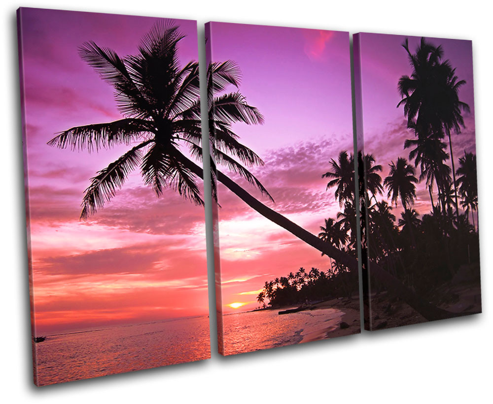 Palm Beach Sunset Seascape TREBLE CANVAS WALL ART Picture Print VA