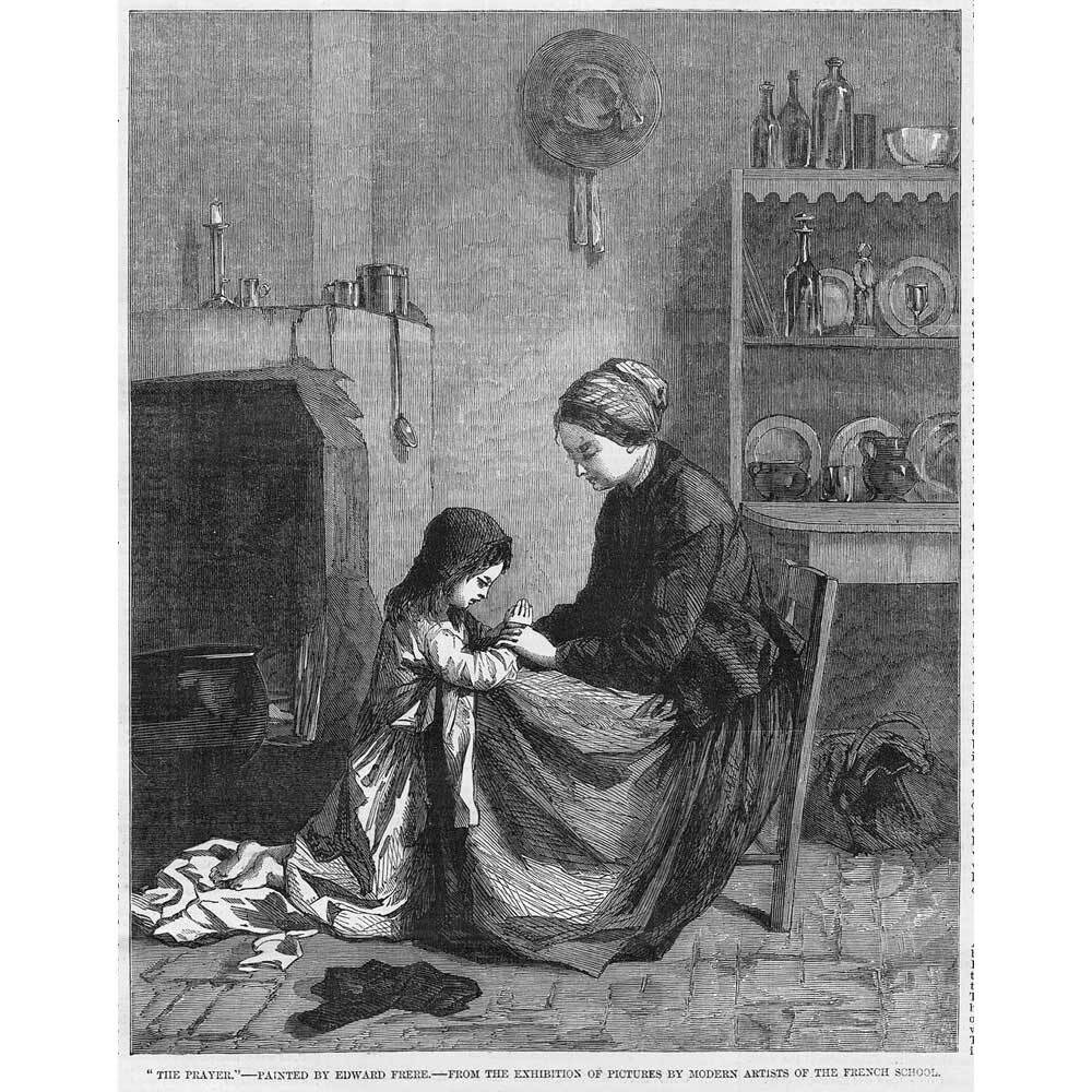 FINE ART Prayer by Edward Frere Child Praying with Mother - Antique Print 1857