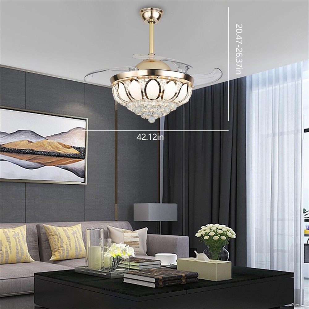 42-Inch Crystal LED Chandelier with Invisible Ceiling Fan and Remote Control