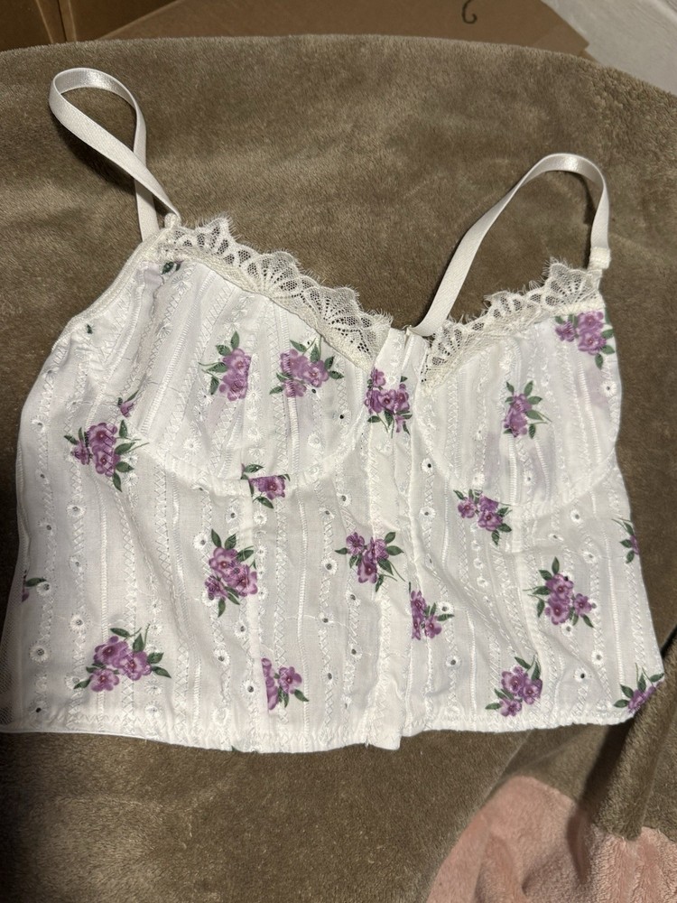 SHEIN Women’s Small Floral Lace Corset Bustier Crop Top White Purple Y2K Cami