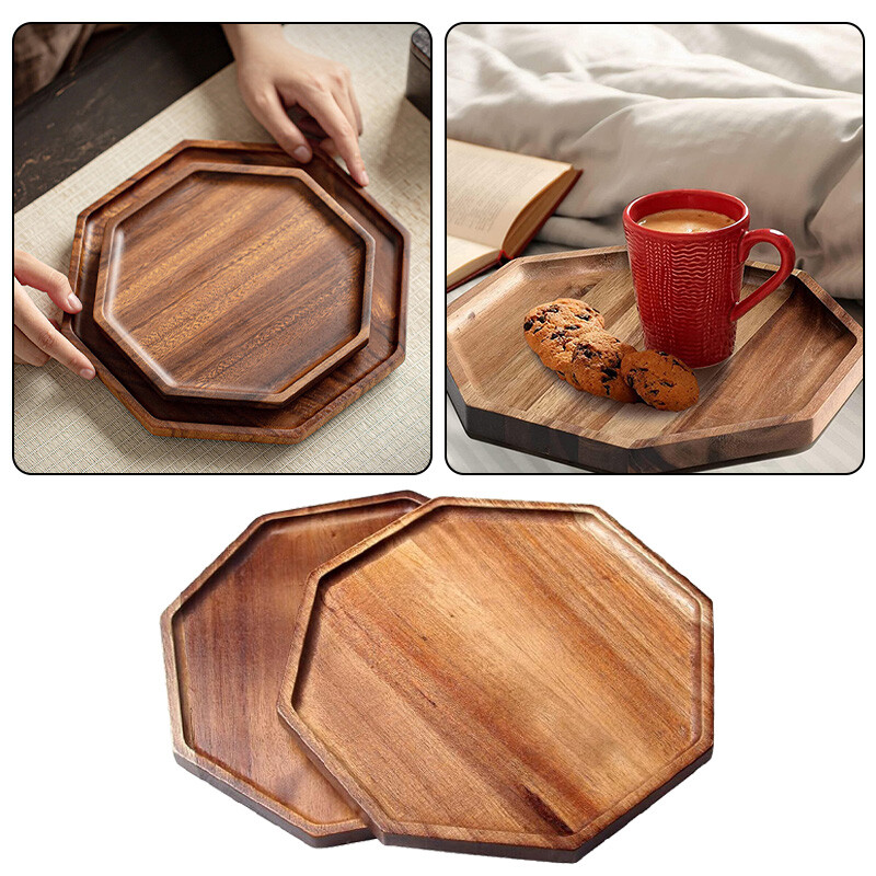 Acacia Wood Octagon Serving Tray for Coffee Tea Desserts Kitchen Platter  -image