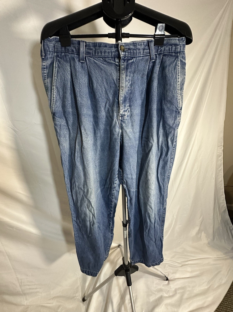 Vintage Dockers Khakis Men's Blue Denim Cotton Pleated Straight Casual Pants 36
