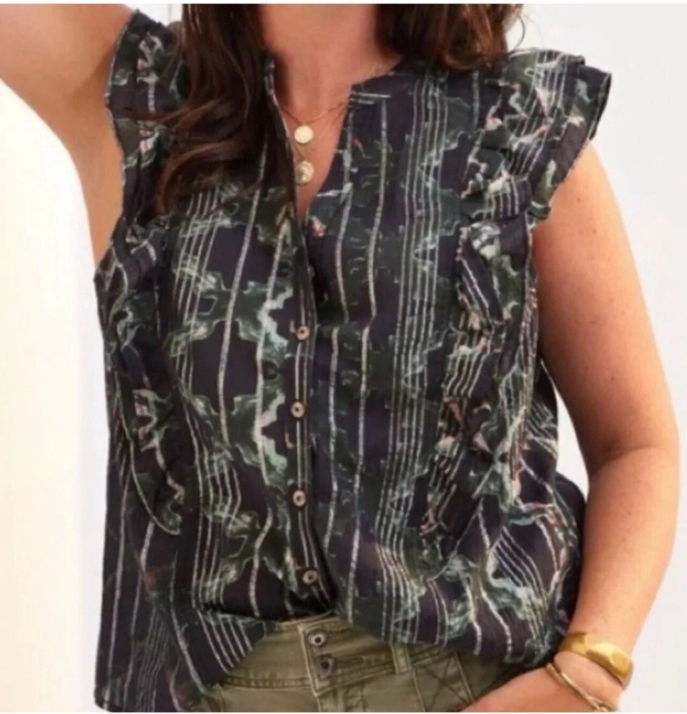 Pilcro Anthropologie Floral Sleeveless Ruffle Blouse Top Button Down Metallic S